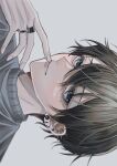  1boy black_hair blue_eyes blush closed_mouth commentary ear_piercing earrings finger_to_mouth fingernails grey_background hair_between_eyes highres jewelry looking_at_viewer male_focus multiple_rings original piercing portrait ring short_hair simple_background smile solo sosaku_25 