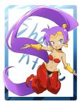  2019 blue_eyes breasts cleavage clothed clothing dai_gazacy ear_piercing ear_ring english_text female footwear genie hair hi_res humanoid humanoid_pointy_ears long_hair navel not_furry open_mouth open_smile piercing ponytail purple_hair ring_piercing shantae shantae_(series) shoes simple_background smile solo tan_body tan_skin text wayforward 