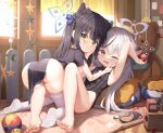  2girls animal_ears armpits ass barefoot black_hair blue_archive cheek_pull china_dress chinese_clothes dress extra_ears feet green_eyes halo indoors kokona_(blue_archive) leotard mannack mouse_ears multiple_girls one_eye_closed panda_ears shun_(blue_archive) shun_(small)_(blue_archive) soles stuffed_animal stuffed_toy sunlight tears teddy_bear thighhighs toes white_hair yellow_eyes yuri 