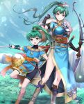  2girls age_progression aged_down black_gloves black_shirt black_shorts blue_sky boots bow_(weapon) breasts child dress earrings female_child fingerless_gloves fire_emblem fire_emblem:_the_blazing_blade fire_emblem_heroes gloves green_eyes green_hair high_ponytail highres holding holding_bow_(weapon) holding_sword holding_weapon jewelry kakiko210 long_hair looking_at_viewer lyn_(fire_emblem) multiple_girls official_alternate_costume pelvic_curtain ponytail rope_belt shirt shorts sky sword very_long_hair weapon 