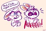  2015 anthro blue_eyes blush blush_stickers borderless_panel buckteeth bunny_(zoobe) english_text female fur handsomehugs head_tuft lagomorph leporid mammal pink_inner_ear rabbit screaming solo speech_bubble teeth text tuft white_body white_fur 