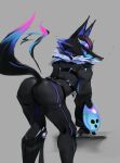  absurd_res anthro black_body black_clothing black_fur canid canine canis clothed clothing ebbedrawin epic_games fortnite fur fur_trim_(clothing) hi_res looking_at_viewer looking_back mammal pack_leader_highwire rear_view simple_background solo tail wolf 