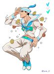  1boy absurdres adjusting_clothes adjusting_headwear black_eyes black_hair bubble dixie_cup_hat food fruit hat higashikata_josuke_(jojolion) highres jojo_no_kimyou_na_bouken jojolion lemon midriff_peek military_hat pants sailor shoes sneakers solo tasse_jj underwater white_background white_pants 