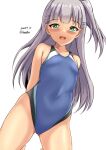  1girl black_one-piece_swimsuit blue_one-piece_swimsuit blush competition_swimsuit covered_navel dated green_eyes grey_hair highleg highleg_swimsuit highres kantai_collection long_hair looking_at_viewer maestrale_(kancolle) montemasa multicolored_clothes multicolored_swimsuit one-hour_drawing_challenge one-piece_swimsuit one_side_up open_mouth simple_background smile solo swimsuit twitter_username two-tone_swimsuit white_background 