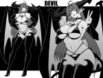  abs absurdres bare_shoulders bikini blunt_bangs breasts choker cleavage collarbone demon_girl demon_horns demon_wings hand_up hands_on_own_hips highres horns large_breasts long_hair monochrome navel open_mouth original pointy_ears smile solo swimsuit thighhighs thighs tongue tongue_out v wings yones81239278 