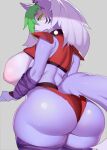  2023 anthro bottomwear breasts butt canid canine canis clothing crop_top digital_media_(artwork) ear_piercing ear_ring faeki female five_nights_at_freddy&#039;s five_nights_at_freddy&#039;s:_security_breach fluffy fluffy_tail fur green_hair grey_hair hair hi_res looking_at_viewer mammal nipples piercing purple_body purple_fur ring_piercing roxanne_wolf_(fnaf) scottgames shirt shorts simple_background solo steel_wool_studios tail topwear wolf yellow_eyes 
