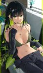  1girl bare_shoulders bikini black_hair black_jacket black_pants breasts colored_inner_hair earrings green_bikini green_eyes green_hair hand_up highres jacket jewelry long_hair long_sleeves looking_at_viewer medium_breasts multicolored_hair navel necklace noeru off_shoulder open_clothes open_jacket original pants ring sitting solo stomach string_bikini swimsuit two-tone_hair 