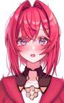  1girl ange_katrina blue_eyes blush cardigan hair_between_eyes hair_intakes hair_ornament hair_over_face hair_over_one_eye highres jewelry looking_at_viewer necklace nijisanji oni0417 open_mouth red_cardigan red_hair short_hair surprised tearing_up white_background 