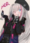  1girl :p beret black_headwear black_jacket blue_eyes blush cellphone character_name commentary_request cowboy_shot eip_(pepai) flip_phone girls&#039;_frontline gloves grey_hair hat heterochromia holding holding_phone jacket long_hair looking_at_viewer mdr_(girls&#039;_frontline) multicolored_hair one_side_up phone pink_eyes pink_hair simple_background smile solo streaked_hair tongue tongue_out very_long_hair 