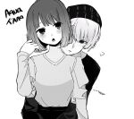  1boy 1girl arima_kana beret black_headwear black_shirt black_skirt blush bob_cut closed_mouth greyscale hat hoshino_aquamarine hug hug_from_behind inverted_bob monochrome open_mouth oshi_no_ko ribbon risdelusions shirt short_hair simple_background skirt solo upper_body white_background 