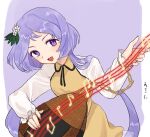  1girl chunmarupi dress flower hair_flower hair_ornament highres holding holding_instrument instrument long_hair long_sleeves looking_at_viewer musical_note purple_eyes purple_hair touhou tsukumo_benben twintails upper_body yellow_dress 