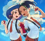  2girls :d backpack bag black_bag blush braid breast_pocket brown_eyes brown_hair cloud collared_shirt commentary_request day eyelashes gloves green_hair highres holding holding_hands holding_poke_ball juliana_(pokemon) lvetica multicolored_hair multiple_girls necktie nemona_(pokemon) open_mouth orange_necktie orange_shorts outdoors pocket poke_ball poke_ball_(basic) pokemon pokemon_(game) pokemon_sv ponytail shirt shorts single_glove sky smile tongue two-tone_hair white_shirt 