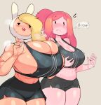  abs adventure_time big_breasts blonde_hair blush bodily_fluids bottomwear breast_size_difference breasts bulumble-bee cartoon_network clothed clothing curvy_figure digital_media_(artwork) duo english_text female fionna_the_human hair headgear headwear hi_res huge_breasts human humanoid looking_at_viewer male mammal muscular muscular_female not_furry open_mouth pink_body pink_hair princess_bubblegum simple_background smile sweat teeth text thick_thighs topwear undersized_clothing voluptuous wide_hips 