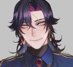  1boy black_hair colored_inner_hair commentary earrings jewelry male_focus medium_hair multicolored_hair nijisanji nijisanji_en portrait purple_hair scar scar_across_eye smile solo twitter_username two-tone_hair vezalius_bandage virtual_youtuber yellow_eyes yui930 