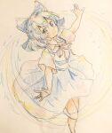  blue_hair blue_ribbon blue_skirt cirno closed_mouth colored_pencil_(medium) hair_ribbon highres looking_at_viewer medium_hair orya_422 outstretched_arms ribbon short_sleeves skirt smile touhou traditional_media 