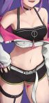  1girl absurdres belt black_shorts breasts choker cleavage cropped_jacket fang head_out_of_frame highres hololive kanotype leg_tattoo long_hair midriff multicolored_hair navel_piercing o-ring o-ring_choker open_mouth piercing purple_hair shorts skin_fang small_breasts tattoo thigh_strap tokoyami_towa tokoyami_towa_(1st_costume) virtual_youtuber 