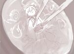  1girl chopsticks closed_eyes closed_mouth food greyscale holding holding_chopsticks japanese_clothes kimono monochrome sash short_hair solo soup sukuna_shinmyoumaru touhou yuuybee 