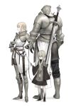  1boy 2girls armor armored_boots blonde_hair blue_eyes boots breastplate foot_wraps full_armor gauntlets grey_eyes hand_on_own_hip helmet highres holding holding_leash km_yama leash long_hair looking_at_viewer looking_away looking_to_the_side multiple_girls original pale_skin plate_armor sabaton shoulder_armor sword weapon weapon_on_back 