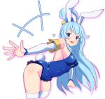  1girl :d animal_ears aqua_(konosuba) armpit_crease backboob bare_shoulders blue_eyes blue_hair blue_leotard blush breasts commentary cowboy_shot curvy detached_sleeves fake_animal_ears fake_tail from_side hair_between_eyes hair_bobbles hair_ornament hair_rings heart highleg highleg_leotard highres kono_subarashii_sekai_ni_shukufuku_wo! large_breasts leaning_forward leotard long_hair long_sleeves looking_at_viewer noyama_takenoko open_hand open_mouth outstretched_arm playboy_bunny rabbit_ears rabbit_tail simple_background smile solo standing straight_hair strapless strapless_leotard tail thighhighs thighs very_long_hair white_background white_sleeves white_thighhighs 