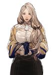  1girl ascot black_bow black_skirt blue_eyes bow breasts brown_hair brown_sweater fire_emblem fire_emblem:_three_houses hair_behind_ear hair_bow highres large_breasts long_hair looking_at_viewer mercedes_von_martritz parted_lips shirt simple_background skirt smile solo sweater very_long_hair white_ascot white_background white_shirt xinanfang217 