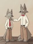  barefoot belt belt_buckle big_ears bottomwear bow_tie brown_bottomwear brown_clothing brown_pants business_attire business_suit businesswear canid canine canis cheek_tuft clothing curled_hair dress_shirt ears_up facial_tuft father father_and_child father_and_son feet fluffy fluffy_tail fur grey_body grey_fur hair hand_on_shoulder head_hair head_tuft hi_res hindpaw khaki_pants long_pants long_tail male mammal neck_tuft necktie office_worker pants parent parent_and_child paws proud red_neckwear shirt softailfox son spiky_hair suit tail tan_bottomwear tan_clothing tan_pants topwear tuft white_clothing white_shirt white_shirt_collar white_shirt_cuffs white_topwear wolf wood_floor 