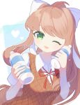  1girl ;d anzen_robo_(474zz) bottle breasts brown_hair doki_doki_literature_club green_eyes hair_intakes hair_ribbon heart highres long_hair looking_at_viewer medium_breasts monika_(doki_doki_literature_club) one_eye_closed open_mouth ponytail ribbon school_uniform shirt smile twitter_username upper_body water_bottle white_shirt 