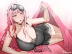  1girl bare_shoulders blush breasts cleavage collarbone handplug hololive hololive_english large_breasts long_hair looking_at_viewer mori_calliope open_mouth pink_hair red_eyes solo thighs virtual_youtuber 