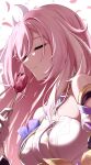  1girl absurdres bare_shoulders birthday breasts closed_eyes closed_mouth elysia_(herrscher_of_human:ego)_(honkai_impact) elysia_(honkai_impact) flower gloves highres holding holding_flower honkai_(series) honkai_impact_3rd large_breasts long_hair petals pink_hair pink_petals simple_background solo upper_body white_background white_gloves white_headwear yunomi_(yunomi_hs) 
