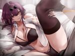  1boy 1girl absurdres black_bra black_thighhighs bra bulge commentary dokuro_deluxe erection erection_under_clothes eyewear_on_head highres honkai:_star_rail honkai_(series) kafka_(honkai:_star_rail) leg_up navel open_clothes open_shirt purple_hair shirt stomach sunglasses thighhighs thighs underwear white_shirt 