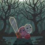  bare_tree chainsaw commentary_request hockey_mask holding holding_chainsaw kirby kirby_(series) mask miclot moon night no_humans outdoors shadow solo tree 