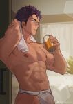  1boy abs absurdres bara blue_eyes briefs bulge can eyebrow_cut highres holding holding_can holding_towel juhachiii large_pectorals looking_away male_focus male_underwear muscular muscular_male navel nipples original pectorals purple_hair see-through sideburns soda_can solo sweat sweatdrop towel towel_around_neck underwear white_male_underwear 