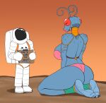  2023 ankle_band antennae_(anatomy) anthro armlet arthropod astronaut big_breasts big_butt big_eyes bikini biped black_pupils black_text blue_body blue_breasts blue_text breasts butt clothed clothed_anthro clothed_female clothed_human clothed_male clothing compound_eyes curled_antennae digital_drawing_(artwork) digital_media_(artwork) duo english_text faceless_character faceless_human faceless_male feet female female_anthro glistening glistening_eyes hi_res holding_object human humor image_comics insect invincible_(comics) invincible_(tv_series) jewelry kneeling larger_anthro larger_female lips looking_at_another looking_at_partner male male/female mammal neck_ring orange_sky outside pink_bikini pink_clothing pink_lips pink_swimwear plantigrade pupils red_eyes shadow size_difference sky smaller_human smaller_male soles spacesuit standing straight_legs swimwear text thick_lips thick_thighs thraxan three-quarter_view toes unusual_pupils zp92 