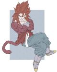  1boy biceps blue_eyes body_fur closed_mouth crossed_arms crossed_legs dougi dragon_ball dragon_ball_gt earrings fusion gamma_no_3 gloves highres jewelry looking_at_viewer male_focus monkey_boy monkey_tail muscular muscular_male no_nipples pants pectorals potara_earrings red_fur red_hair saiyan sash sitting smirk solo spiked_hair super_saiyan super_saiyan_4 tail vegetto 