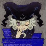  1girl black_headwear black_shirt blue_screen_of_death commission flipped_hair glitch grey_background hat hexagram highres jester_cap large_earrings long_sleeves mayura one_eye_closed shirt short_hair sidelocks soggyworms solo star_of_david tongue tongue_out ukagaka upper_body white_hair 
