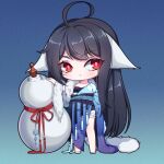  1girl :/ absurdres ahoge animal_ears arm_behind_back black_hair black_tube_top blue_background blue_dress chibi chinese_clothes dress ears_down feather_boa fox_ears full_body gourd gradient_background hanfu highres huyao_xiao_hongniang kumu_zaisheng long_dress long_hair long_sleeves looking_to_the_side off_shoulder red_eyes solo strapless thigh_strap tube_top tushan_yaya very_long_hair white_footwear wide_sleeves 