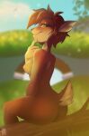  2022 activision artist_name blurred_background breasts brown_hair butt canid canine digital_media_(artwork) elora eyebrows eyelashes female fox green_eyes hair hi_res looking_at_viewer mammal narrowed_eyes nipples notched_ear nude outside rin_tyan scut_tail short_tail sitting smile smiling_at_viewer solo spyro_the_dragon tail 