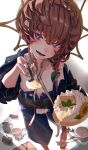  1girl absurdres blue_eyes blue_overalls blurry blurry_background blush braid cake chest_belt commentary_request crown_braid cup e_ixion fate/grand_order fate_(series) flat_chest flower food from_above frying_pan hair_ornament hat heart heart-shaped_pupils highres holding holding_spoon incoming_food leaf_hair_ornament long_hair looking_at_viewer navel nervous open_mouth overall_shorts overalls pov see-through see-through_sleeves side_braid smile solo spoon straw_hat sunflower sweat symbol-shaped_pupils unzipped van_gogh_(fate) white_background yellow_headwear 