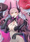  1girl black_gloves body_markings bottomless breasts cape choker cleavage crossed_bangs cushion demon_girl demon_horns demon_wings earrings elbow_gloves fate/grand_order fate_(series) gloves hair_between_eyes highres horns jewelry large_breasts long_hair long_sleeves looking_at_viewer nakaga_eri navel ordeal_call_servant_(female) pink_hair pointy_ears purple_cape spikes twintails very_long_hair wings yellow_eyes 