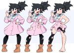  1girl black_choker black_hair black_nails boots bow breasts brown_footwear choker dress hand_on_hip hand_up highres long_sleeves lucia_(scott_malin) medium_breasts multiple_views open_mouth original pink_dress ponytail scott_malin torn_clothes white_bow 