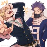  +++ 2boys bags_under_eyes belt belt_buckle black_pants blonde_hair blue_eyes boku_no_hero_academia breast_pocket bright_pupils brown_belt buckle buttons collared_shirt double-breasted film_grain foreshortening grey_background hair_slicked_back hand_in_pocket hand_on_mask hand_on_own_head handkerchief happy head_back highres jacket jitome lapels laughing leaning_back letterboxed long_scarf long_sleeves looking_at_viewer male_focus mask messy_hair monoma_neito mouth_mask multiple_belts multiple_boys nakamu_405 nose notice_lines open_mouth outside_border outstretched_arm pants pixiv_username pocket polka_dot_necktie popped_collar profile purple_eyes purple_hair sanpaku scarf shinsou_hitoshi shirt short_hair shout_lines sleeve_cuffs smile tailcoat track_jacket track_pants track_suit twitter_username two-sided_fabric two-sided_tailcoat two-tone_necktie u.a._gym_uniform unamused upper_body white_belt white_pupils white_scarf white_shirt 