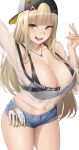 1girl :d absurdres arm_up bandaid bandaid_on_face bandaid_on_nose bare_shoulders black_sports_bra blonde_hair blue_eyes blue_shorts blush breasts centi_(nikke) centi_(supreme_holiday)_(nikke) cleavage denim denim_shorts gloves goddess_of_victory:_nikke hat highres kurone_rinka long_hair looking_at_viewer navel see-through shirt short_shorts shorts smile solo sports_bra teeth thighs upper_teeth_only white_shirt 