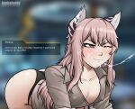  1girl animal_ears artist_name ass bags_under_eyes bent_over black_panties blurry blurry_background blush breasts brown_shirt cat_ears character_name cleavage closed_mouth collarbone commentary cum cum_on_hair cum_on_lips cum_string dialogue_box english_commentary english_text facial girls&#039;_frontline hair_between_eyes highres kushishekku lab_coat long_hair no_pants one_eye_closed panties partially_unbuttoned patreon_username persica_(girls&#039;_frontline) pink_hair red_eyes shirt small_breasts solo underwear v-shaped_eyebrows variant_set 