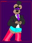  absurd_res adultpartypunch anthro bear bottomwear brown_body brown_fur bulge clothing feminization five_nights_at_freddy&#039;s freddy_(fnaf) fur girly glistening glistening_clothing hat headgear headwear hi_res male male_focus mammal scottgames simple_background solo suit toony top_hat underwear 