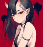  1girl absurdres bare_shoulders black_choker black_dress black_hair blush breasts choker cleavage closed_mouth dress ear_piercing earrings highres horns jewelry long_hair looking_at_viewer medium_breasts mole mole_on_breast mole_under_eye multicolored_hair oni_horns original piercing pointy_ears red_eyes skin-covered_horns sleeveless sleeveless_dress solo two-tone_background two-tone_hair upper_body wakamepiza white_hair 