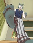  2023 5_fingers 5_toes absurd_res anthro barefoot beastars bed bottomwear canid canine canis claws clothing curtains_open digital_media_(artwork) dormitory feet fingers first_person_view fist foot_fetish foot_focus furniture hi_res imminent_stomp inside larger_anthro larger_male legoshi_(beastars) looking_down male mammal necktie netflix pants pattern_bottomwear pattern_clothing pattern_pants perspective plantigrade size_difference striped_bottomwear striped_clothing striped_pants stripes tail toe_claws toes tommysamash wolf 