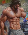  1boy abs aenaluck arm_hair bara beard black_hair carlnes_(aenaluck) chest_hair closed_eyes facial_hair grey_male_swimwear highres holding holding_water_gun large_pectorals male_focus male_swimwear mature_male medium_hair muscular muscular_male navel nipples original pectorals solo splashing topless_male water water_gun wet 