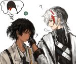  ? arknights bird black_hair dark-skinned_male dark_skin ear_piercing earclip elysium_(arknights) geebee_79 gloves highres jacket male_focus multicolored_hair open_clothes open_jacket orange_eyes parted_lips penguin piercing ponytail red_hair shirt short_ponytail simple_background streaked_hair sweat thorns_(arknights) upper_body white_background white_hair 