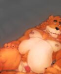  2023 4_fingers anthro bear belly big_pecs black_nose blush body_hair canid canine canis colored domestic_dog fingers fur hi_res kumamoto_(character) laohu male mammal meme musclegut muscular muscular_anthro muscular_male navel neck_tuft nipples overweight overweight_anthro overweight_male pecs pink_nipples signature simple_background slightly_chubby solo tuft 