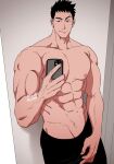  1boy abs balnom bara cowboy_shot groin highres holding holding_phone large_pectorals male_focus mature_male muscular muscular_male nipples original pectorals phone raised_eyebrow seductive_smile selfie short_hair sideburns smile solo stomach thick_eyebrows topless_male upper_body veiny_crotch 
