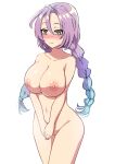  1girl alternate_breast_size blush braid breasts censored clorica_(rune_factory) commission completely_nude highres large_breasts long_hair long_sleeves mosaic_censoring navel nipples nude pixiv_commission purple_hair pussy rune_factory rune_factory_4 sakamata_(sakamata4) solo twin_braids white_background yellow_eyes 